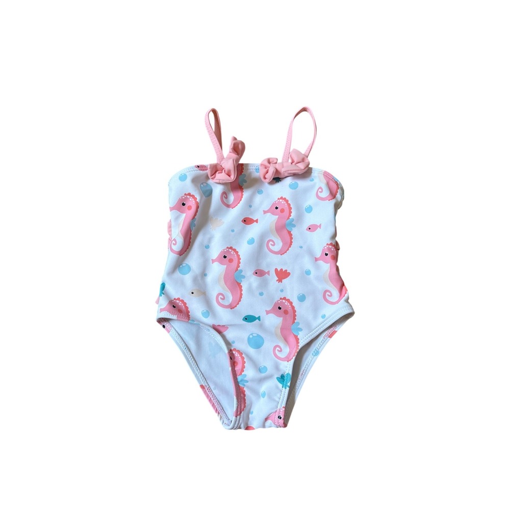 Seahorse Print Swimsuit Kids White Pink Ruffle‎ Bow SIZE 3-6M